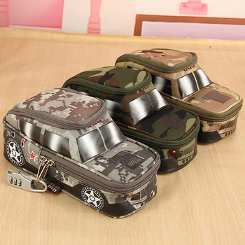 Pencil Case Vehicle Pen Pouch Bag with Combination Lock for Boys Double Zipper Camouflage Canvas Large