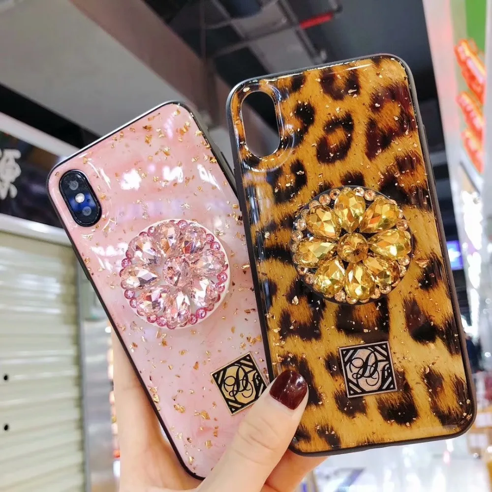 

Fashion Leopard phone case For iPhone 6 case 6S 7 8 Plus iphone X coque XR Xs Max case shiny Diamond Bracket marble Soft cover