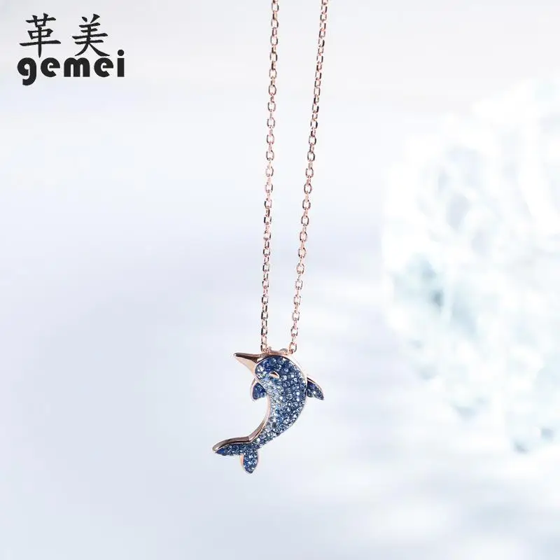 

Gemei 100% 925 Sterling Silver Cubic Zirconia Blue Drop Glaze Dolphin Necklaces & Pendants For Women Fashion Party Jewelry
