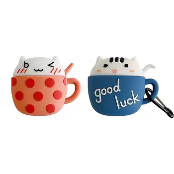 

Unique Cup Kitty Pattern Soft Silicone Protective Cover Shockproof Case Skin with Carabiner for Airpods 1/2 Charging Box Accesso