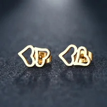 DOTIFI серьги-гвоздики из нержавеющей стали для женщин и мужчин, двойное сердце золотистого и серебристого цвета, ювелирные изделия для влюбленных на помолвку, Прямая поставка