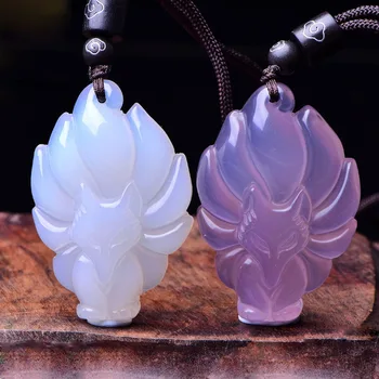 

Drop Shipping Natural Chalcedony Nine-tailed Fox Pendant Necklace Lucky Amulet Lovers Necklace For Men And Women Gift