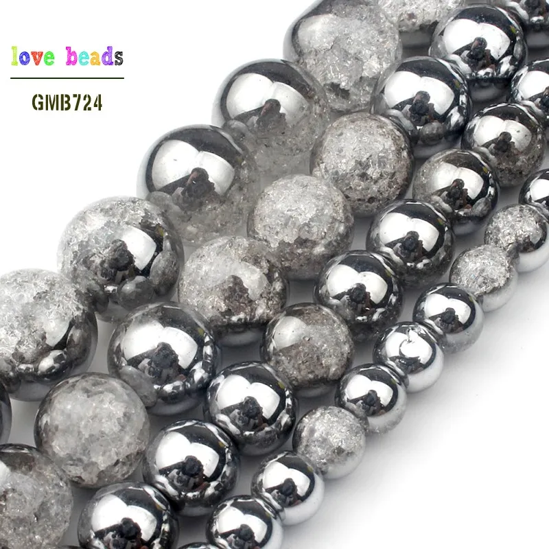 

6mm 8mm 10mm 12mm One Side Plated Silvery White Snow Cracked Crystal for Jewelry Making DIY Bracelet Necklace 15'' strand