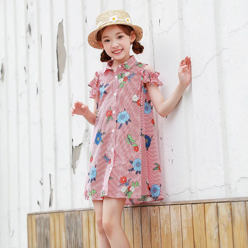 

2019 Summer New Children Sweet Ruffle Dresses Pink Cotton Turn-down Collar Printing Dress Big Girls Daily Casual Dress