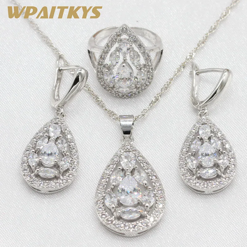 

925 Silver Jewelry Sets For Women Pear Cutting White Cubic Zirconia Necklace Pendant Earrings Rings Free Gift Box WPAITKYS