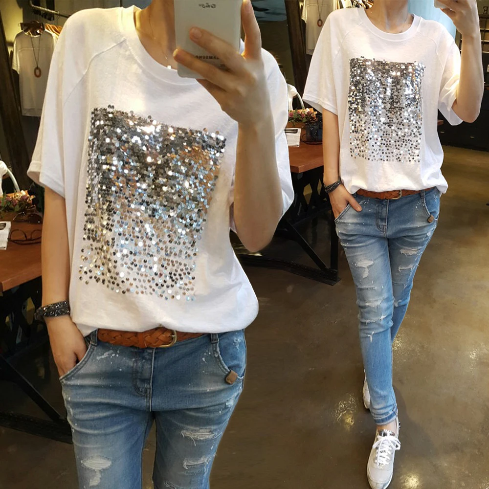 Новинка лета, новая Корейская версия, свободная хлопковая белая футболка большого размера с блестками из бамбукового хлопка, женская футболка с коротким рукавом