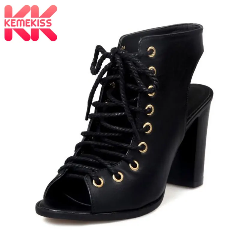

KemeKiss Size 33-48 Women Lace Up Heeled Sandals Woman Square High Heel Shoes Sexy Open Toe Party Footwear Fretwork Shoe PC00048
