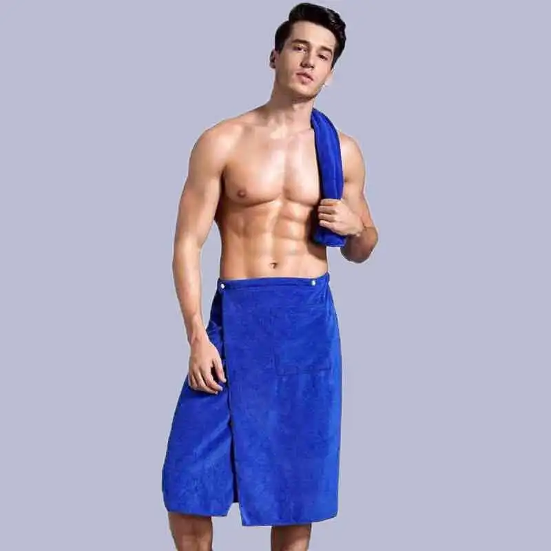 2 шт./лот, впитывающее мягкое мужское пляжное банное полотенце из микрофибры для взрослых с карманом, мягкое однотонное Хлопковое полотенце 140x70 - Цвет: blue