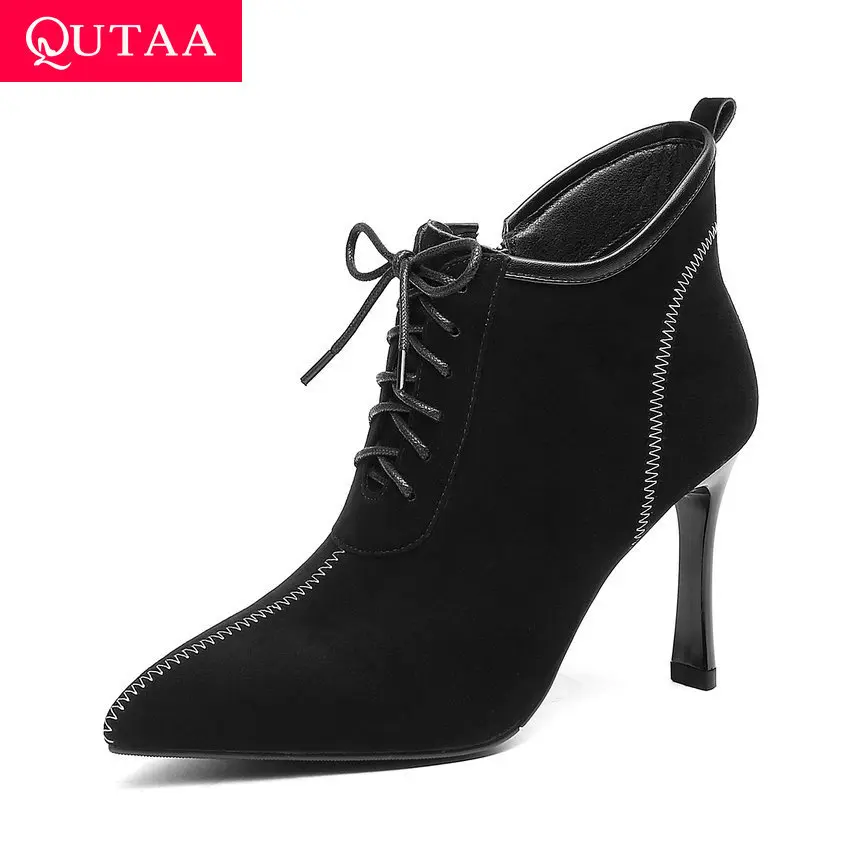 

QUTAA 2020 Sewing Zipper Lace Up Ankle Boots Fashion Thin High Heel Pointed Toe Autumn Winter Elegant Women Shoes Size 34-39