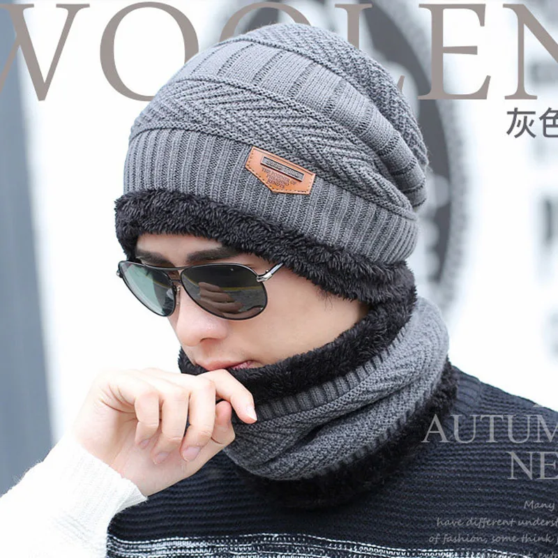 

Neck warmer knitted hat scarf set fur Wool Lining Thick Warm Knit beanies balaclava Winter Hat For men women Cap Skullies bonnet