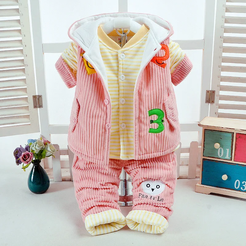 

Winter Kid Baby Boys Clothing Sets 2018 Casual Boys Thick Warm Coat Print Baby Jacket+Vest+Pant Baby Girl Clothes 3Pcs Kids Suit
