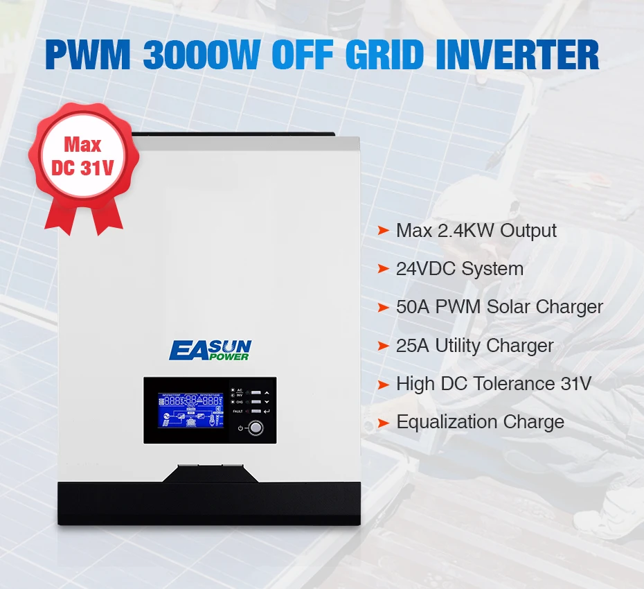 Источник питания Easun PWM солнечный инвертор 2400 Вт 24 В 220 В 50А PWM Чистая синусоида Инвертор 3 кВА 50 Гц решетки инвертор 25А зарядное устройство