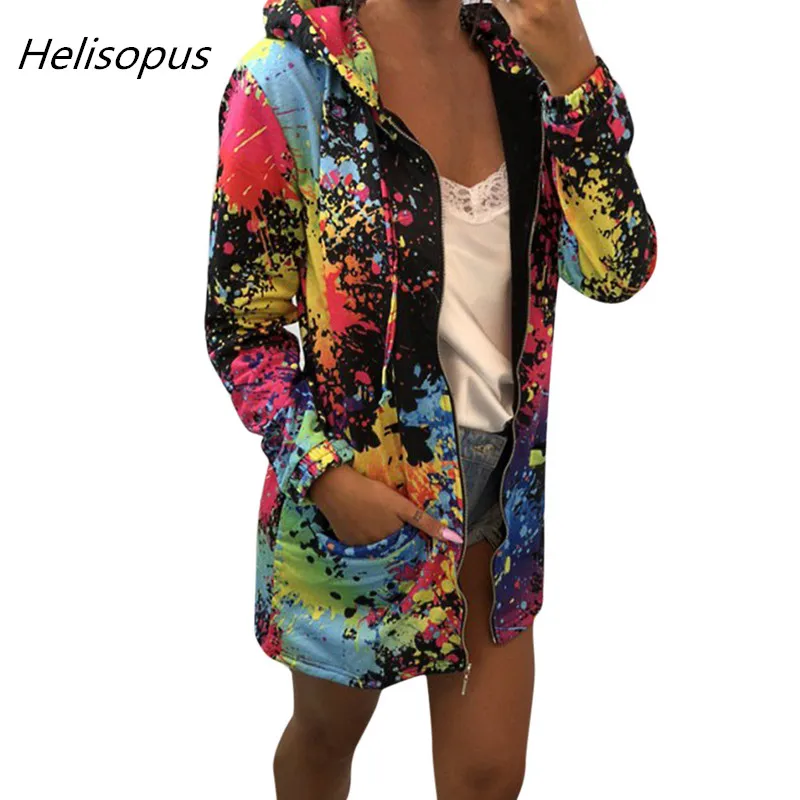

Helisopus Women Fashion Tie Dyeing Print Outwear Fleece Sweatshirt Autumn Hooded Jacket Streetwear Long Hoodies