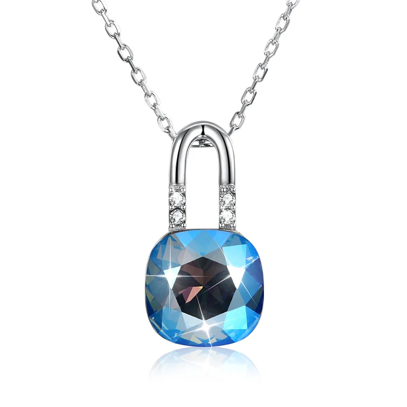 Qevila New Fashion Necklaces Jewelry 925 Sterling Silver Padlock Pendant Necklace for Women Crystals Padlock Chain Necklace Gift (8)