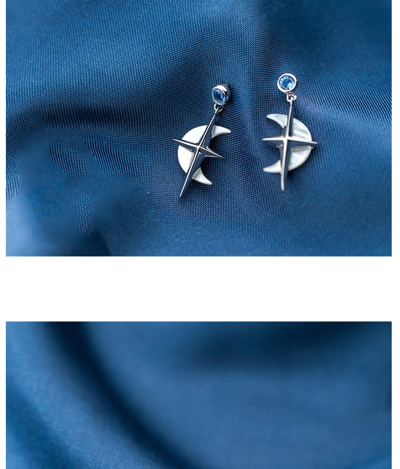 Luxury Blue Rhinestones S925 Sterling Silver Earring Fashion Cross With Moon Stud Earrings For Women Girls Party Brincos 2019 (1)