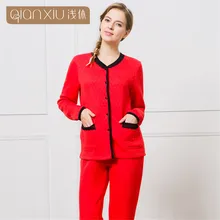 Qianxiu женские пижамы комплект теплой Для женщин Ночная рубашка с длинными рукавами джемпер с V образным вырезом Для женщин Зимняя Домашняя одежда Пижама для взрослых Одежда
