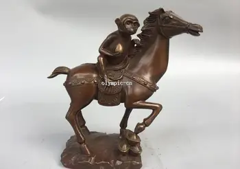 

11'' Classica red bronze carved animal a monkey hold peach ride horse statue