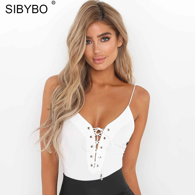 Sibybo مثير الدانتيل يصل ارتداءها النساء 2019 الصيف عارية الذراعين ديب V الرقبة ضئيلة Playsuit Bodycon ثوب فضفاض للمرأة بذلة وزرة قمم