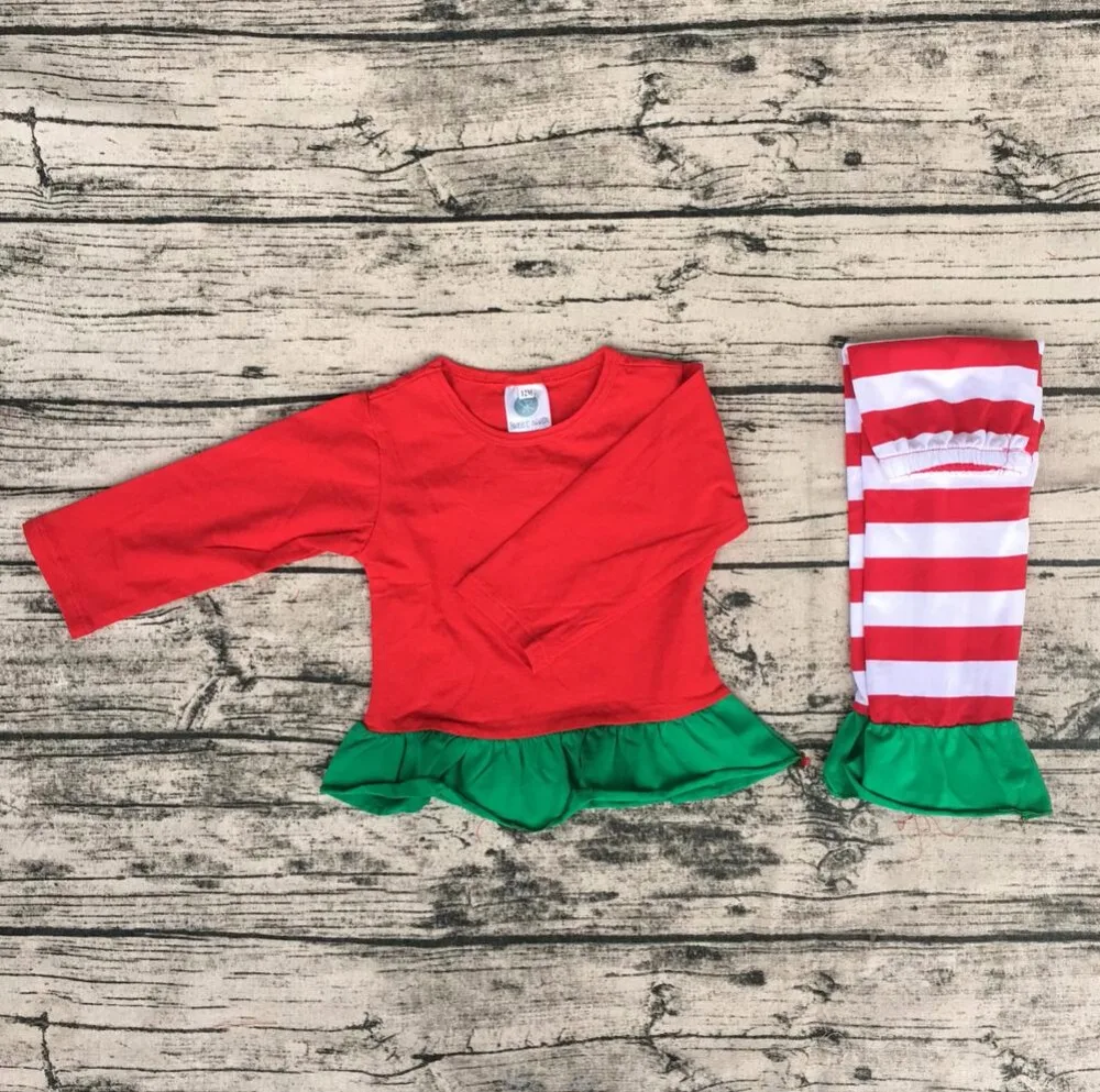 Рождество для маленьких девочек милый зеленый кружева пижамы ребенок чистого красная рубашка матч красный в полоску брючный костюм