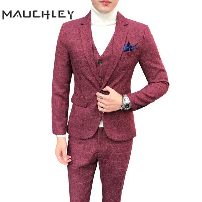 Mens Suit Latest Coat Pant Designs Plaid Suit Plus Size M-5XL Slim Fit Wedding Prom Suits 3 Piece ( Blazer + Vest + Pants ) 2018