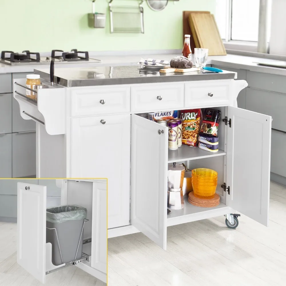  SoBuy FKW33-W Luxury Kitchen Trolley with Large Storage Cabinet Kitchen Island with Stainless Steel - 32944437999
