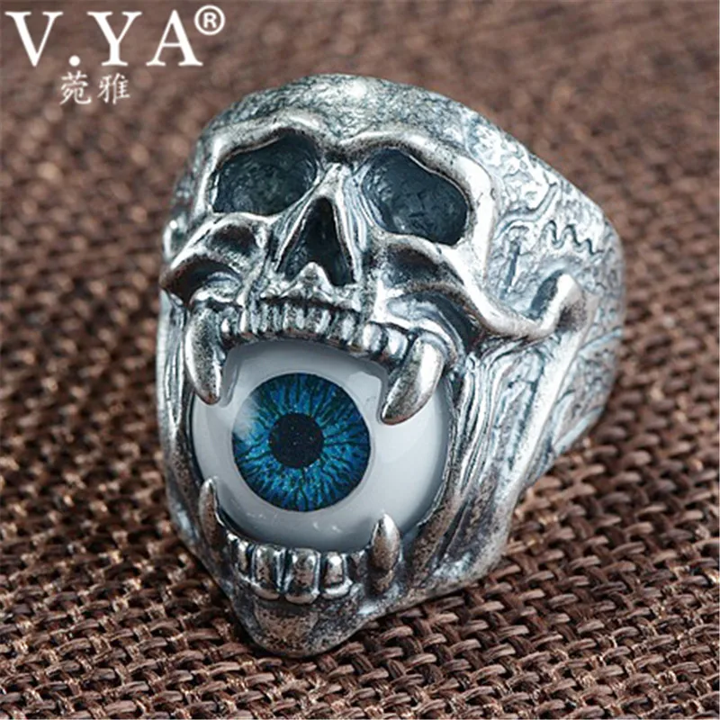 

V.YA Thai Silver Men's Ring Skull & Eye Shape Hiphop Punk Open Rings for Men Male 990 Sterling Silver Jewelry Gift
