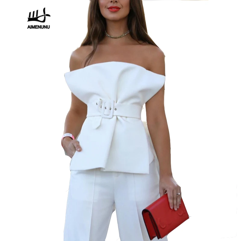 

AIMENUNU Off Shoulder Shirt Female Ruffles Slash Neck Sashes High Waist Irregular Blouse Summer Sexy Fashion Tops Clothing