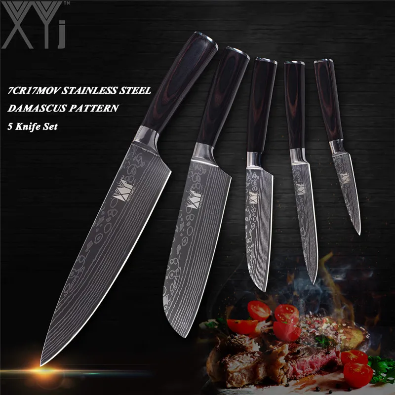 XYj мастер шеф-повара лазерный узор набор кухонных ножей 7Cr17Mov/440A из нержавеющей
