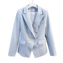 Высокое качество элегантные Для женщин двубортный Металла Лев Кнопки Твердые Цвет куртка Slim формальные верхняя одежда взлетно-посадочной полосы Блейзер Пальто