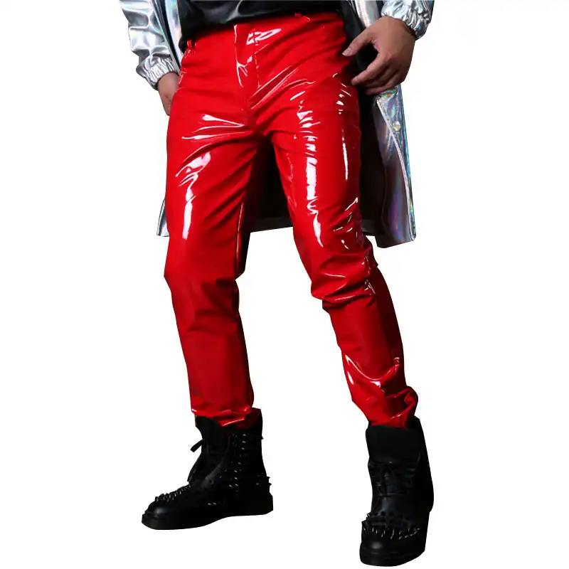 red shiny leather pants