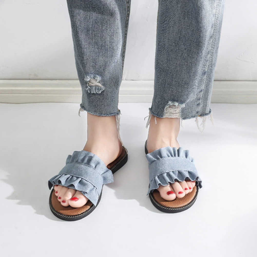 

Women Slippers Korean Fashion Agaric-Shaped Lace Slippers Summer Denim Wrinkled Female Sandals Beach Flat Slides Zapatos