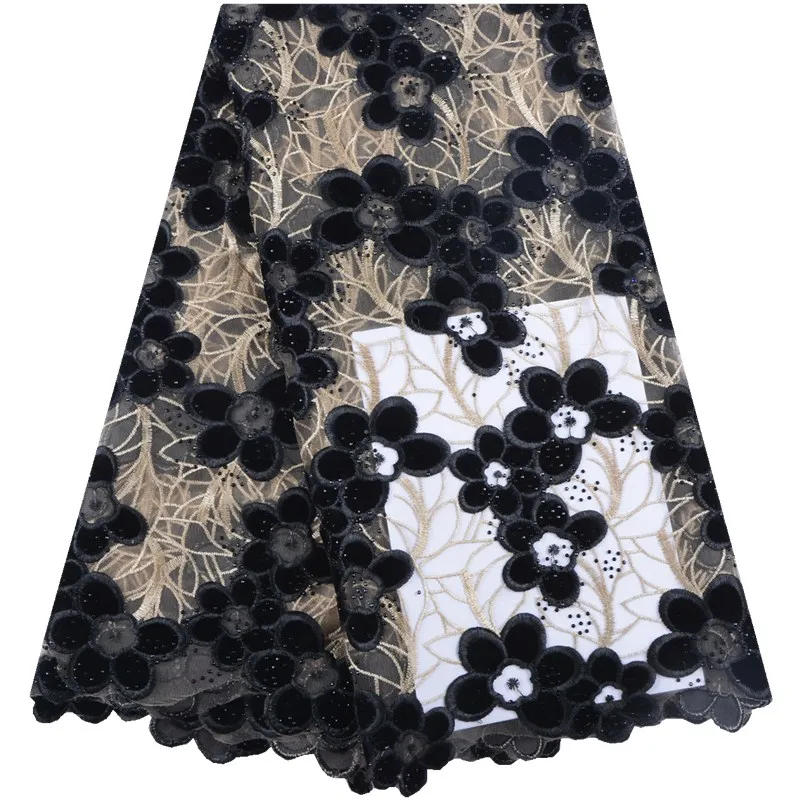 

Latest Mesh Velvet With Bright Lace Fabric High Quality French Lace Fabric With Rhinestones Embroidery African Lace Fabric S1550