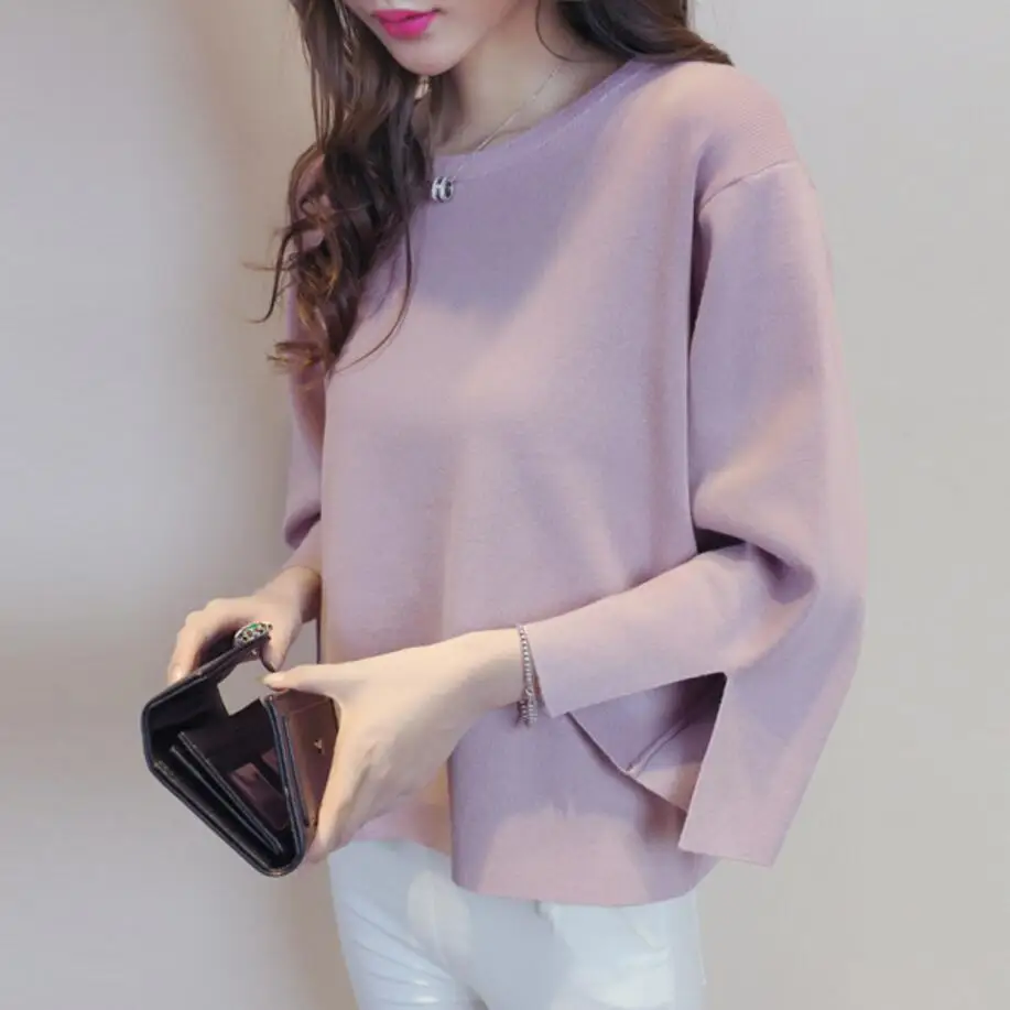 

5 Color Round Neck Knitted Sweater Women Autumn Winter Fashion Pullovers Split Cuff Loose Jumper Female Oversize Sweater