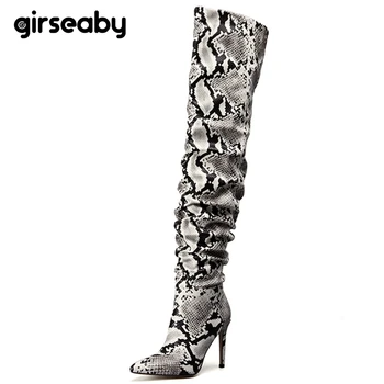 

Girseaby Shoes women Snake pattern Thigh high female Over the knee boots Sexy Thin Heel long booties Pleated Botte Talon mujer