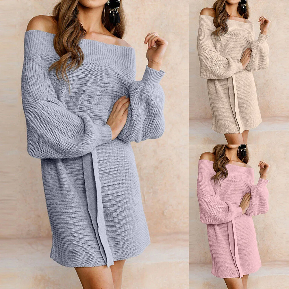 

Fashion womens silk dresses Winter Sexy Long Sleeve Solid Off Shoulder Belt Knitted Sweater Ladies Dress vestidos