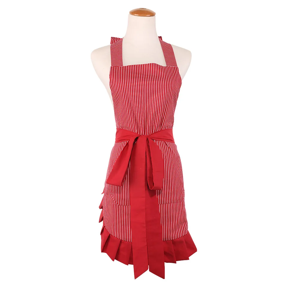 New Women Restaurant Home Kitchen apron Flower And Leaves Printed Pocket Lace Cooking Cotton Apron High Quality Pleated Apron