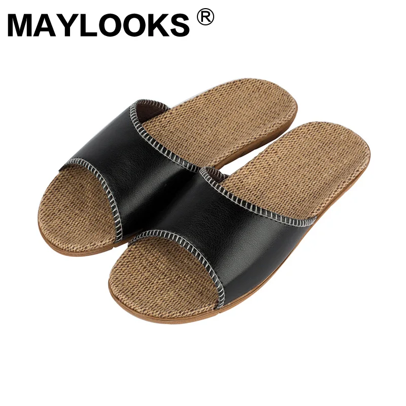

Men's slippers summer pu leather Linen woven breathable home indoor non-slip slippers 2018 new hot M-8836