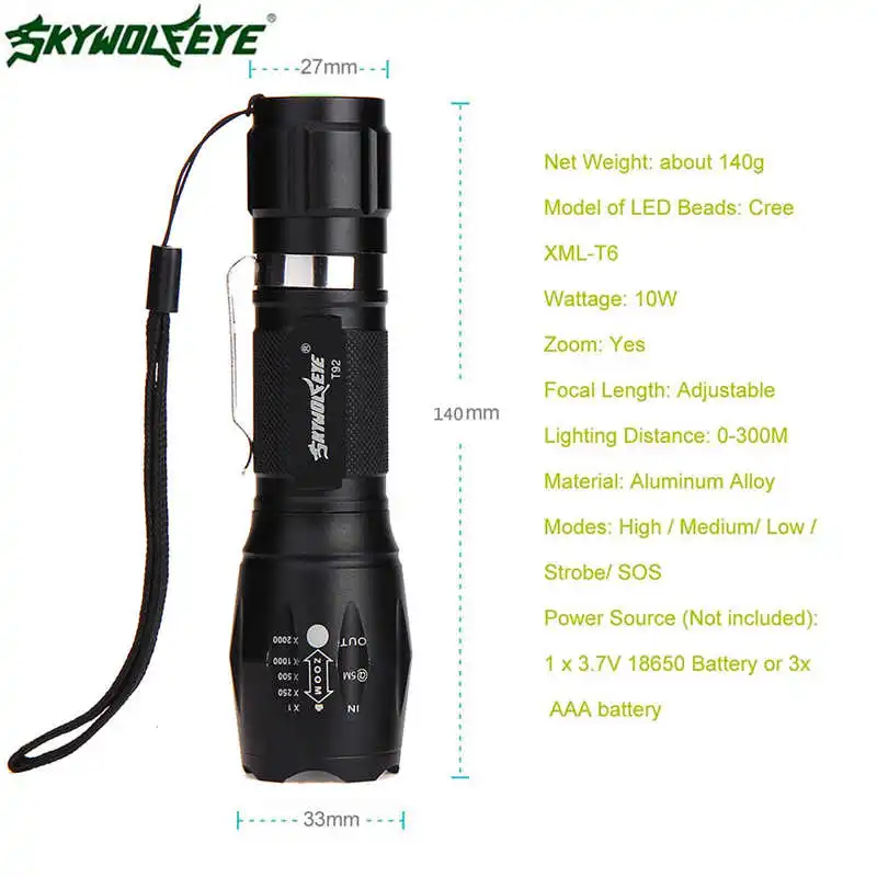 SKYWOLFEYE G700 X800 BYB ShadowHawk Flashlight Led Tactical Zoom Super Bright torch flashlight t6 led flashlight 18650 #4S5 (7)