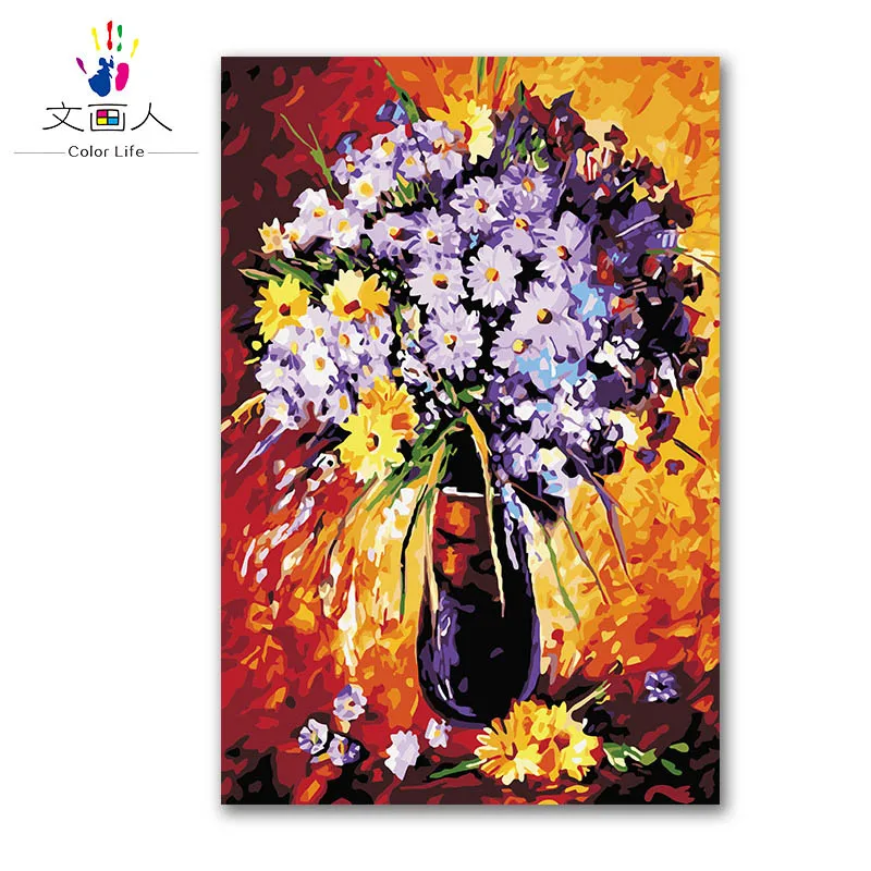 

flower pictures oil painting by numbers with kits,colorful Vase arrangement paintings coloring by numbers for Living room decor