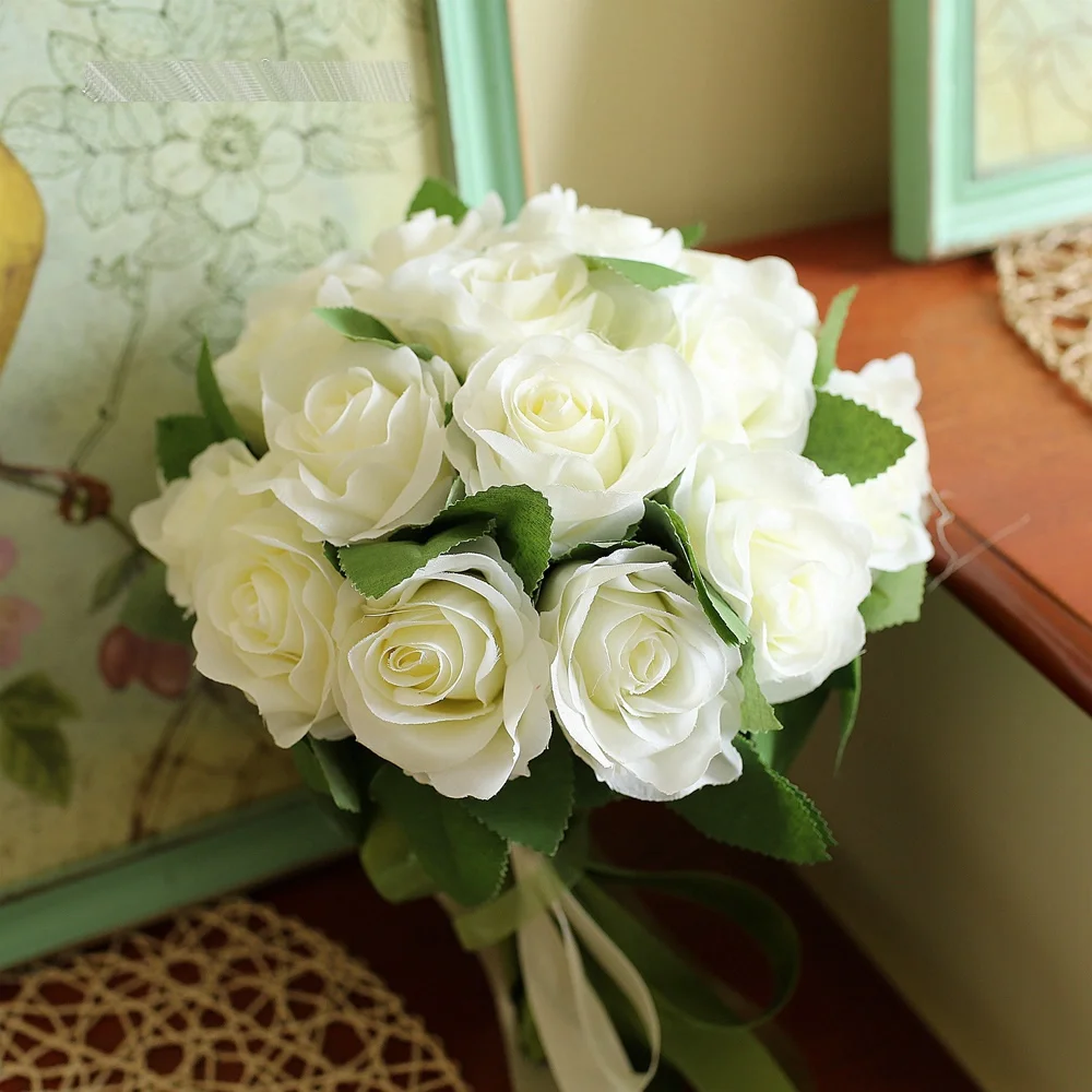 Cream White Silk Flower Bouquet 24 Heads Artificial Rose Flower