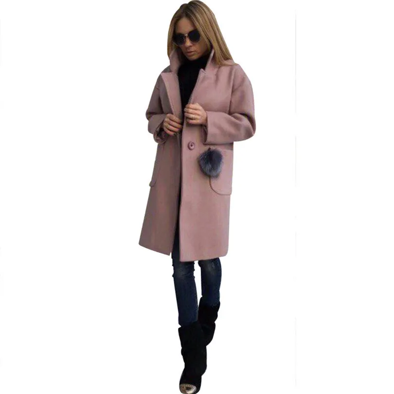 

Women long overcoat long sleeve lapel coat with a fur balls Pockets coats