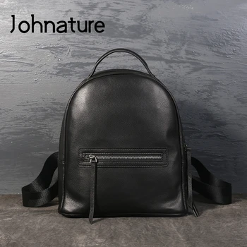 

Johnature 2020 New Genuine Leather Zipper Bags Moto & Biker Silt Pocket Hard Handle Arcuate Shoulder Strap Women Female Backpack