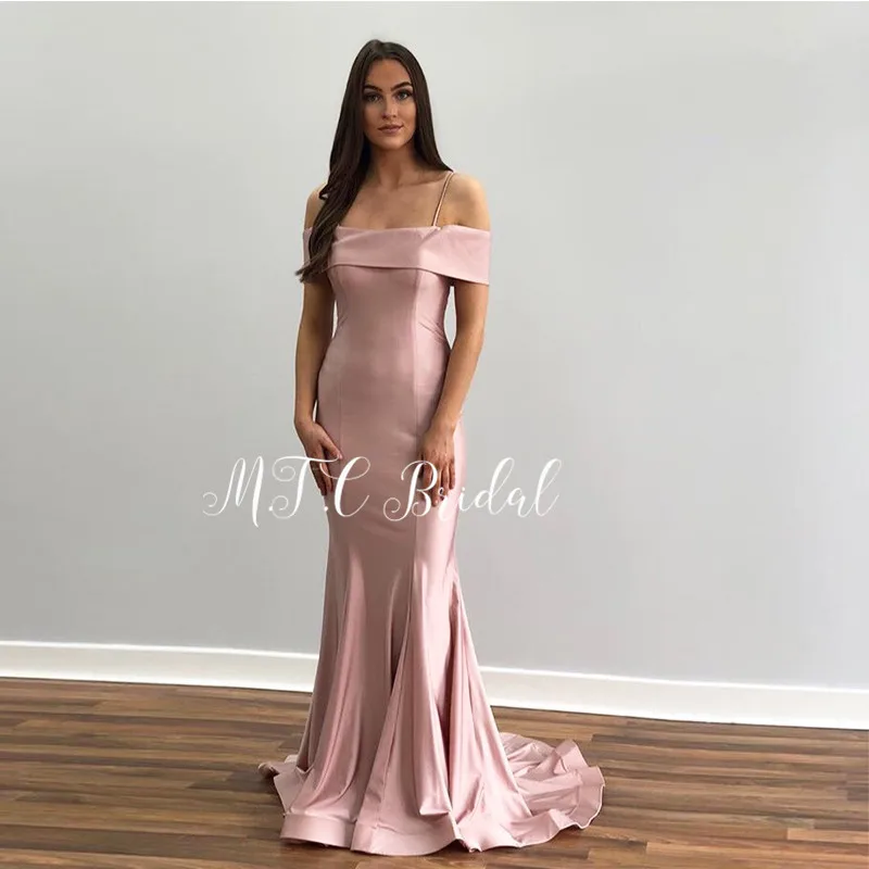 

Dusty Pink Elastic Satin Evening Dress 2019 High Quality Spaghetti Strap Mermaid Sweep Train Long Formal Occasion Women Dresses
