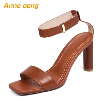 

2019 New Summer Genuine Leather Women Ankle Strap Sandals High Heel Buckle Sexy Ladies Women Shoes Brown High Heel Sandals