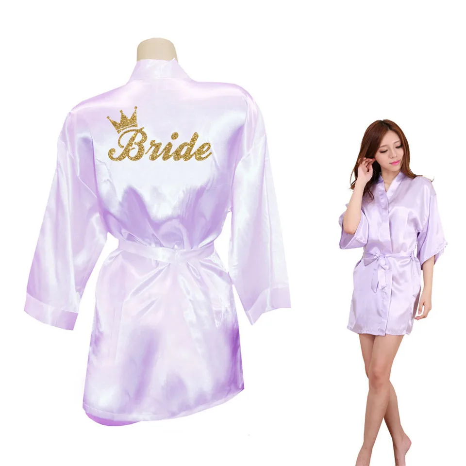 Bride Crown Team Bride Golden Glitter Print Kimono Robes Faux Silk Women Bachelorette Wedding Preparewear