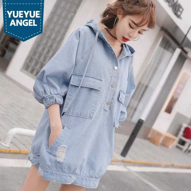 

Spring Wrist Dress For Big Woman Streewear Cap Denim Dress Above Knee Loose Fit Womens Dresses Pullover Robe Femme Kleider Damen