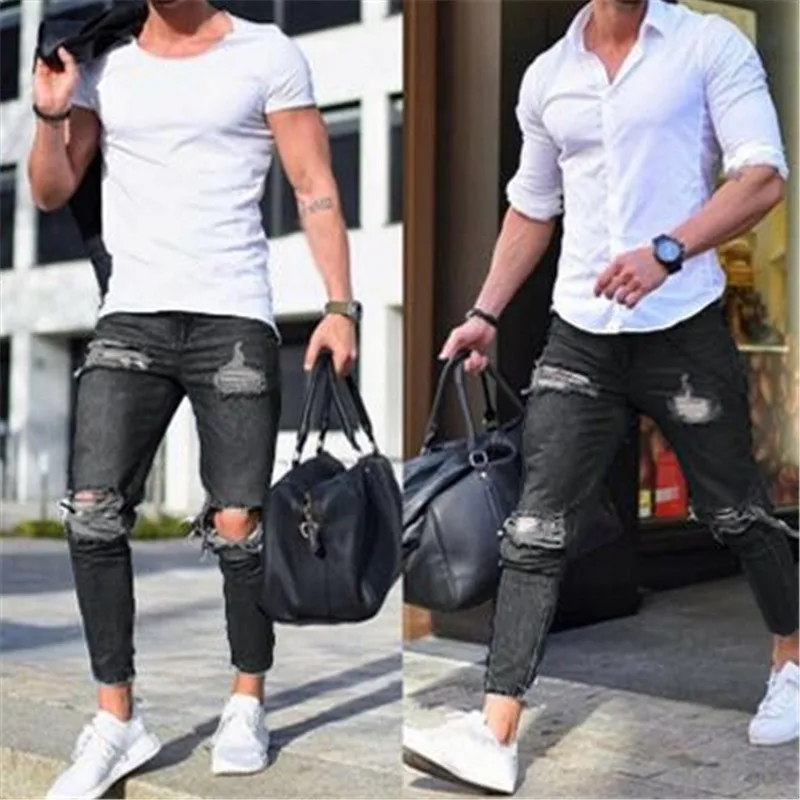 

New Style Men Solid Ripped Skinny Biker Zipper Fly Jeans Destroyed Hole Frayed Slim Fit Denim 2019 Pencil Pants