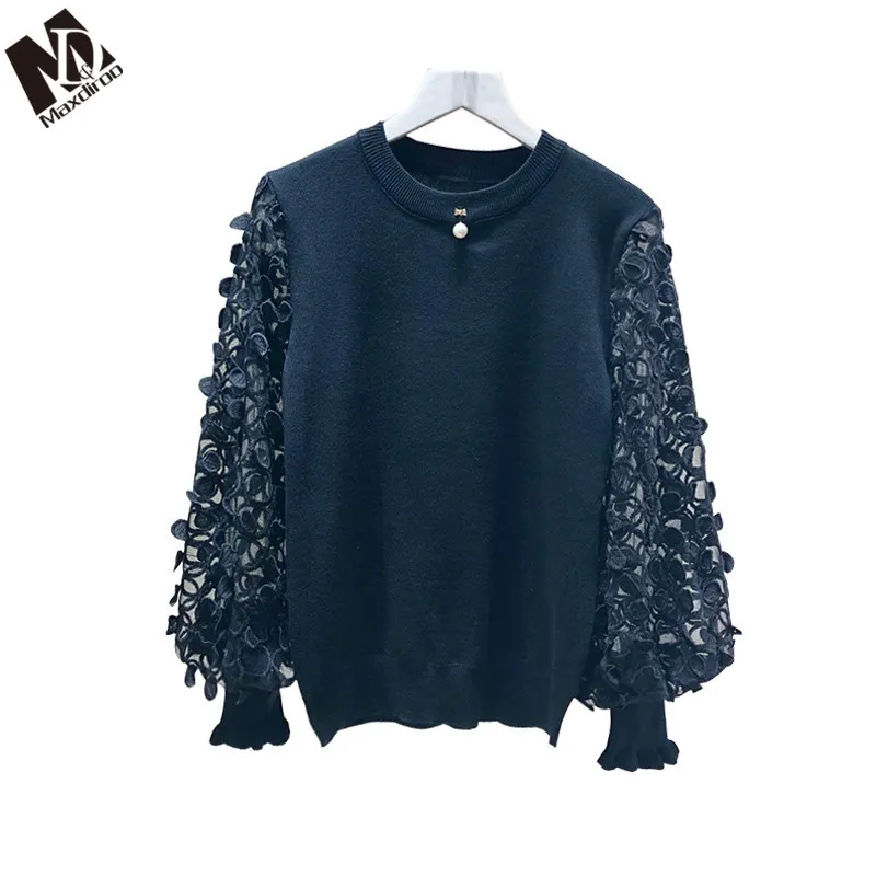 MAXDIROO Women Winter Lace Patchwork Knitted Sweater And Pullovers Female Jumper Embroidery Lantern Sleeve Sweaters Pull Femme | Женская
