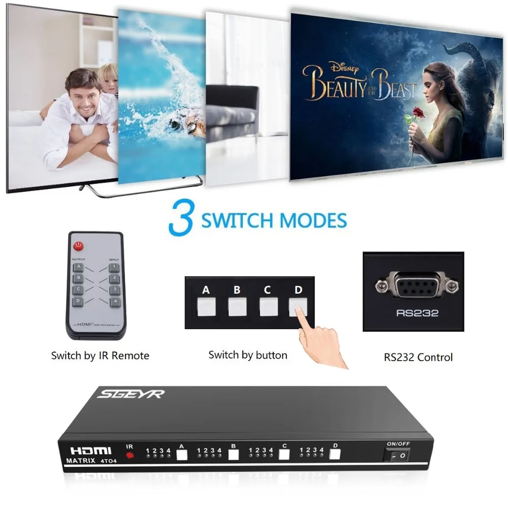 Aikexin HDMI Splitter Switch 4 input 4 ouput HDMI True Matrix 4X4 Support IR Remote RS232 Switch 3D 1080P HDMI Matrix 4 in 4 out Aikexin HDMI Splitter Switch 4 input 4 ouput HDMI True Matrix 4X4 Support IR Remote RS232 Switch 3D 1080P HDMI Matrix 4 in 4 out