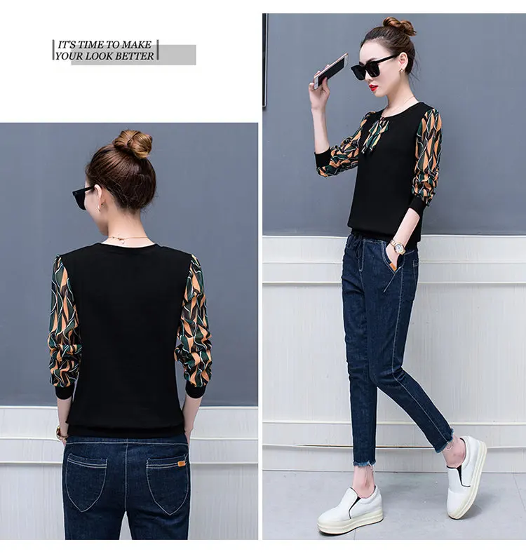 2019 Fall Patchwork Blouse Women Tops Plus Size Print Shirts Femme Tops Casual Ladies Shirts Bow Long Sleeve Blusas Mujer (11)